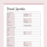 Printable Personal Information Template - Pink