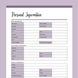 Printable Personal Information Template - Purple