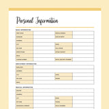 Printable Personal Information Template - Yellow