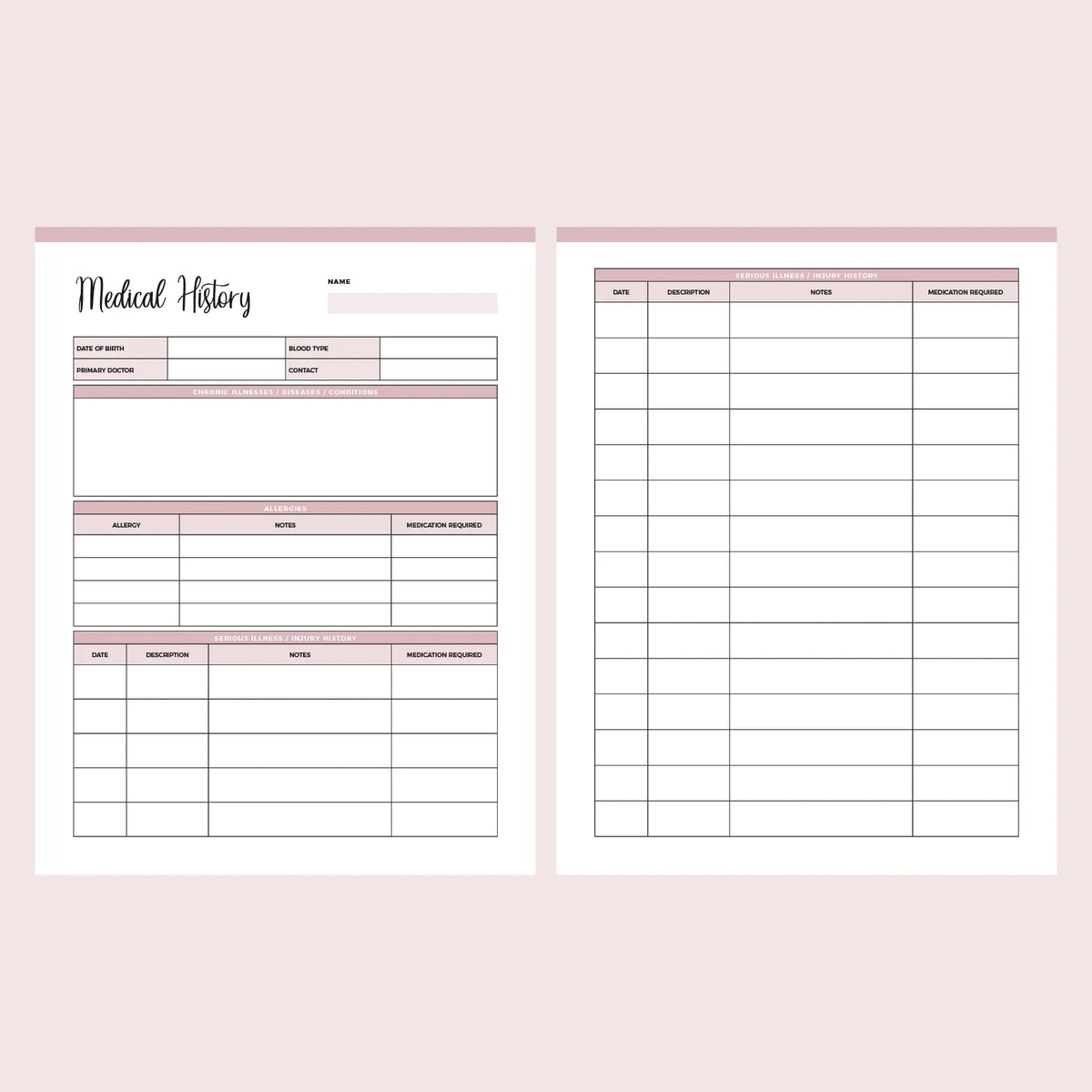 Personal Medical History Template | Instant Download PDF – Plan Print Land