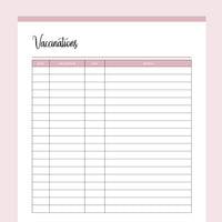 Printable Pet Vaccination Record - Pink