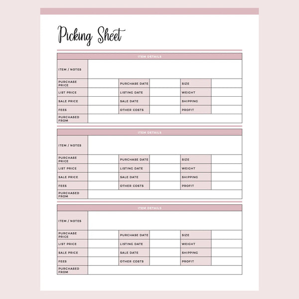 Printable Picking Sheet For Resellers