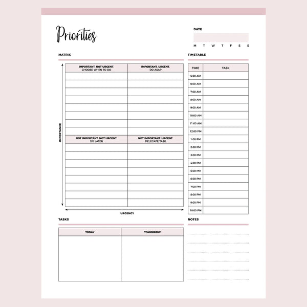 Printable Priority Matrix and Planner