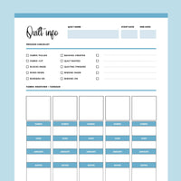 Printable Quilt Information Overview Template - Blue