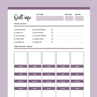 Printable Quilt Information Overview Template - Purple