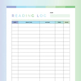 Printable Reading Log For Children - Green and Blue Rainbow