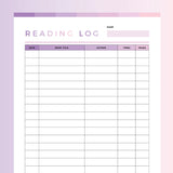 Printable Reading Log For Children - Pink and Purple Rainbow