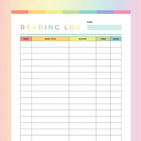 Printable Reading Log For Children - Rainbow