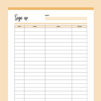 Printable Simple Sign-Up Sheet - Orange