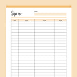 Printable Simple Sign-Up Sheet - Orange