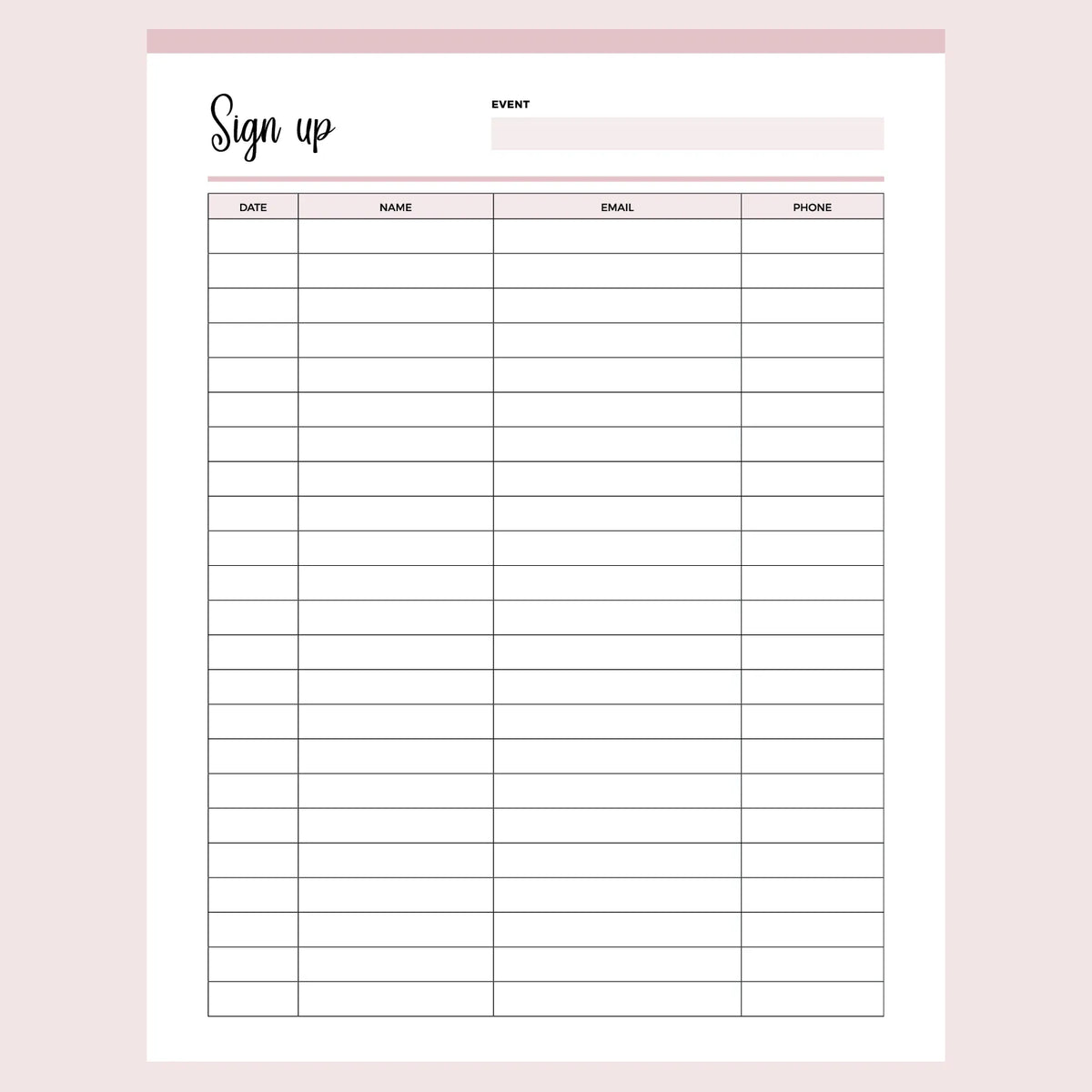 Printable Simple SignUp Sheet Instant download PDF A4 & US Letter