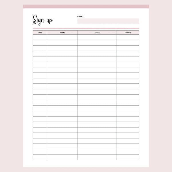 Printable Simple SignUp Sheet Instant download PDF A4 & US Letter