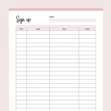 Printable Simple Sign-Up Sheet - Pink
