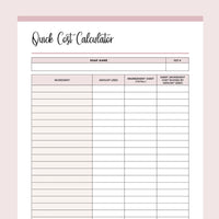 Printable Soap Making Cost Calculator - Pink