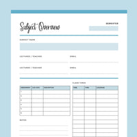 Printable Student Subject Overview - Blue