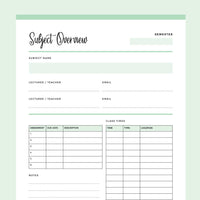 Printable Student Subject Overview - Green
