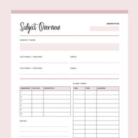 Printable Student Subject Overview - Pink