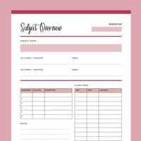 Printable Student Subject Overview - Red
