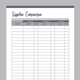 Printable Supplier Information Comparison Template - Grey