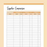 Printable Supplier Information Comparison Template - Orange