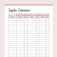 Printable Supplier Information Comparison Template - Pink