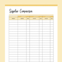 Printable Supplier Information Comparison Template - Yellow