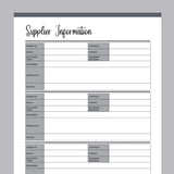 Printable Supplier Information Sheet - Grey
