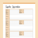 Printable Supplier Information Sheet - Orange