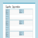 Printable Supplier Information and Comparison Templates - Blue