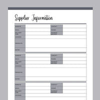 Printable Supplier Information and Comparison Templates - Grey