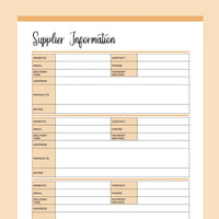 Printable Supplier Information and Comparison Templates - Orange