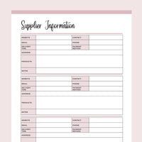 Printable Supplier Information and Comparison Templates - Pink