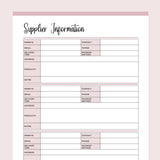 Printable Supplier Information and Comparison Templates - Pink