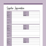 Printable Supplier Information and Comparison Templates - Purple