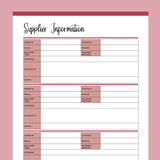 Printable Supplier Information and Comparison Templates - Red