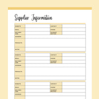 Printable Supplier Information and Comparison Templates - Yellow