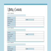 Printable Utility Contacts Template - Blue