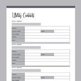 Printable Utility Contacts Template - Grey