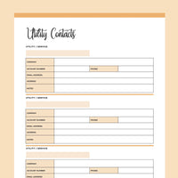 Printable Utility Contacts Template - Orange