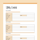 Printable Utility Contacts Template - Orange