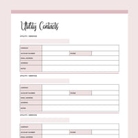 Printable Utility Contacts Template - Pink