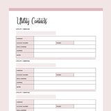 Printable Utility Contacts Template - Pink