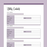 Printable Utility Contacts Template - Purple