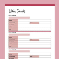 Printable Utility Contacts Template - Red