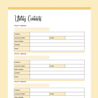 Printable Utility Contacts Template - Yellow