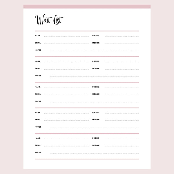 Printable Wait List for Small Businesses