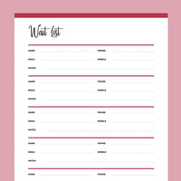 Printable Wait List for Small Businesses - Red