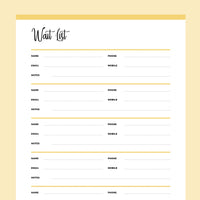 Printable Wait List for Small Businesses - Yellow
