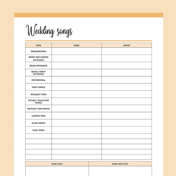 Printable Wedding Song List, Wedding Playlist, Wedding Music List, DJ Song  List, Wedding DJ Questionnaire, Wedding Processional Songs, PDF 