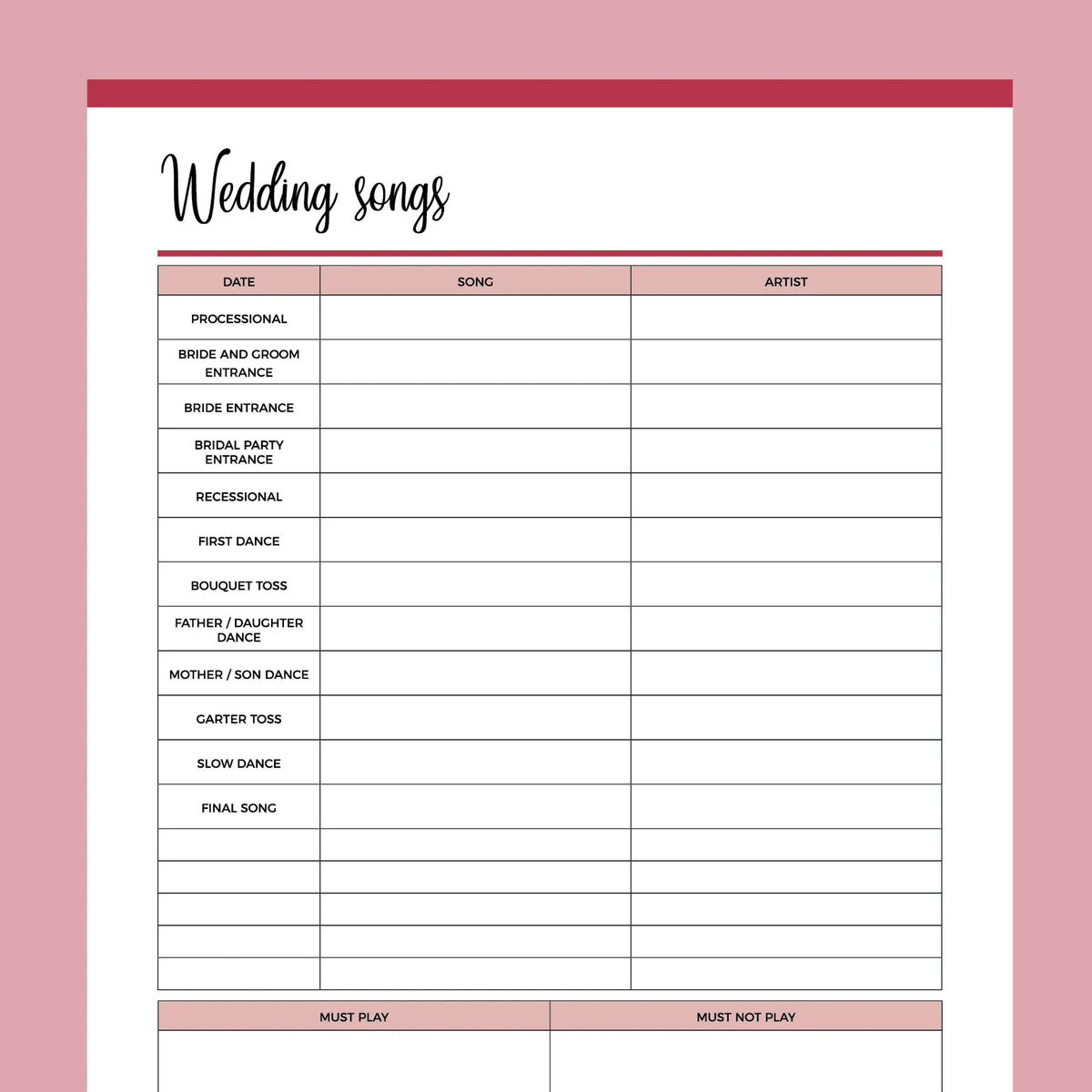 Printable Wedding Song Planner Instant download PDF A4 & US Letter